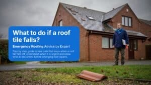A man stands near a brick house, looking at a fallen roof tile on the grass. A blue text box explains what to do if a roof tile falls, offering clear steps for emergency roofing and repairs.