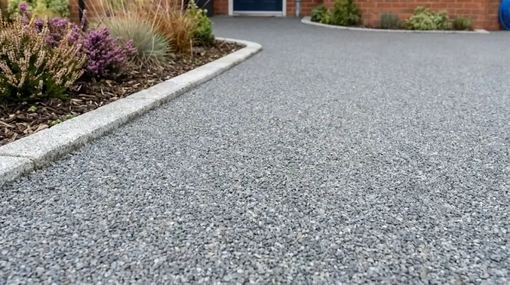 A close-up of a smooth, grey resin-bound driveway curves towards a house entrance, bordered by a cement edge and small garden with ornamental grasses and purple flowers.